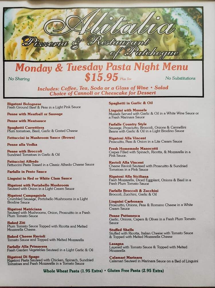 The Original Alitalia Pizza & Restaurant Of Patchogue - Patchogue, NY menu_pic