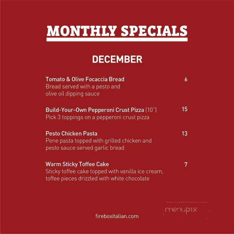 Firebox - Belvidere, IL menu_pic