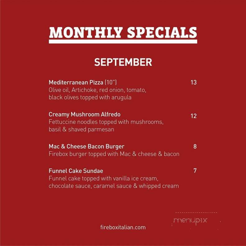 Firebox - Belvidere, IL menu_pic