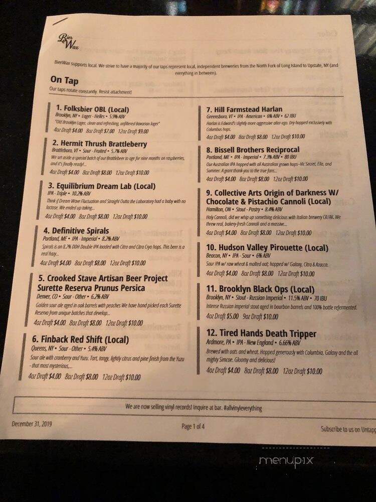 BierWax - Brooklyn, NY menu_pic