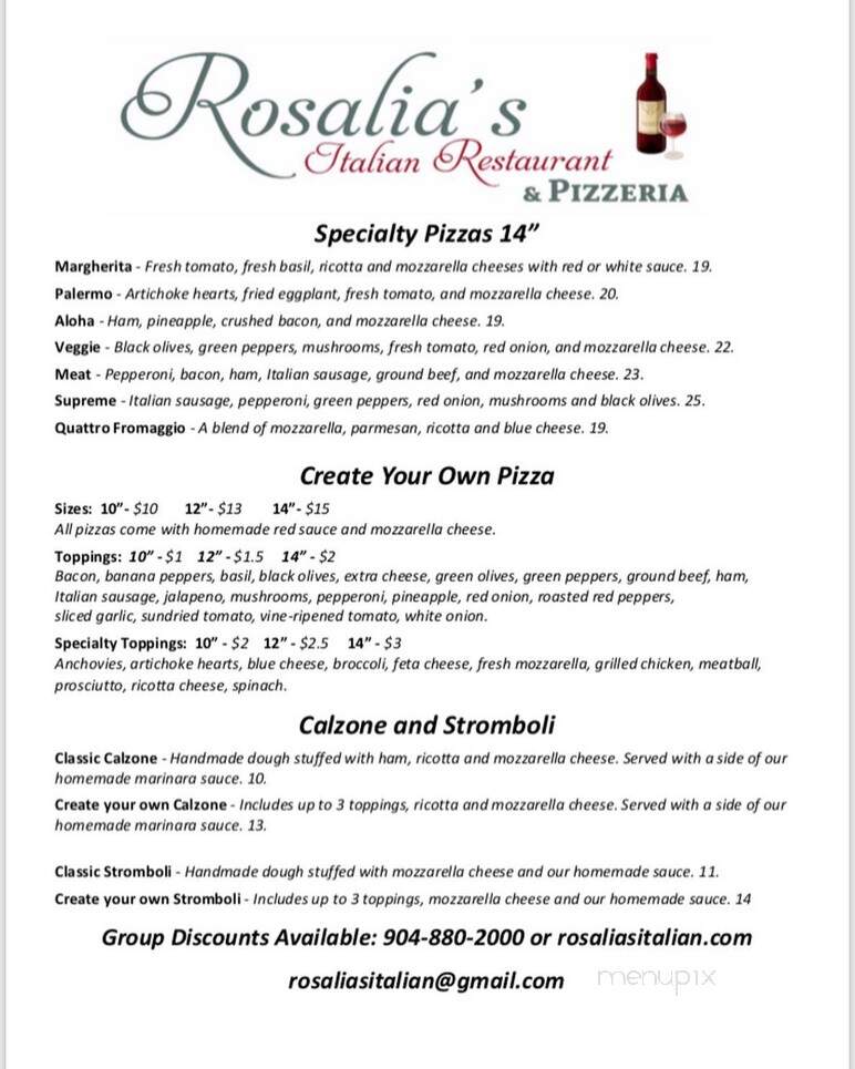 Rosalia's Italian Restaurant & Pizzeria - Jacksonville, FL menu_pic