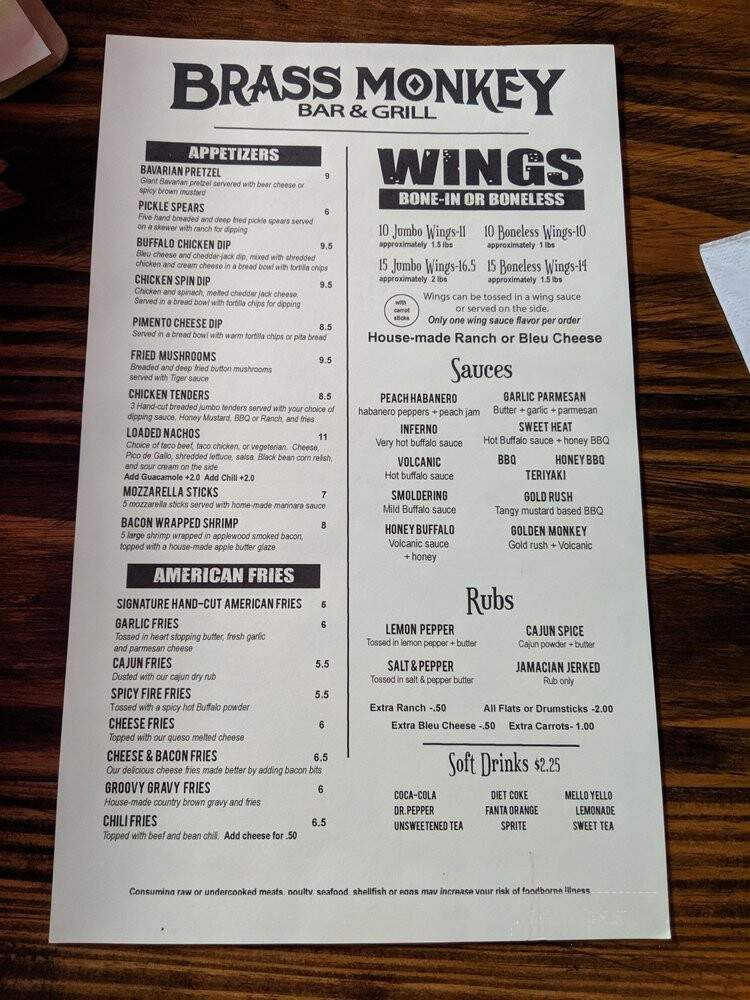 Brass Monkey Bar and Grill - Greenville, SC menu_pic