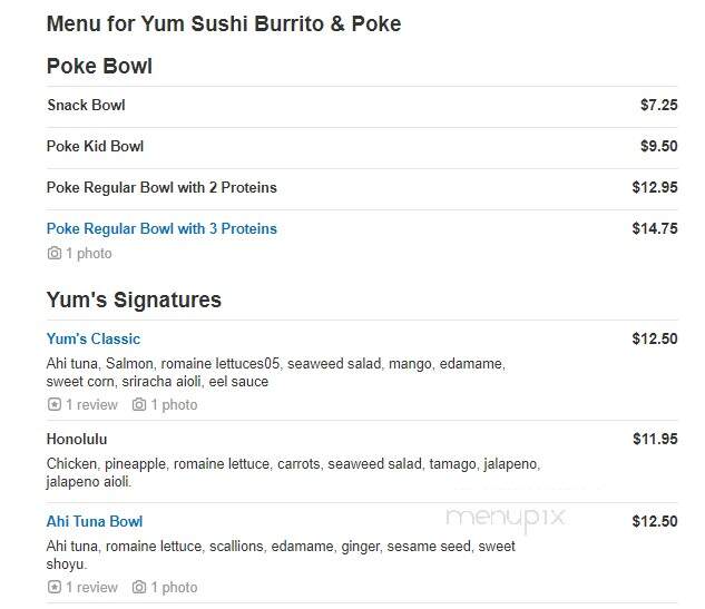 Yum Sushi Burrito & Poke - Johnson City, TN menu_pic