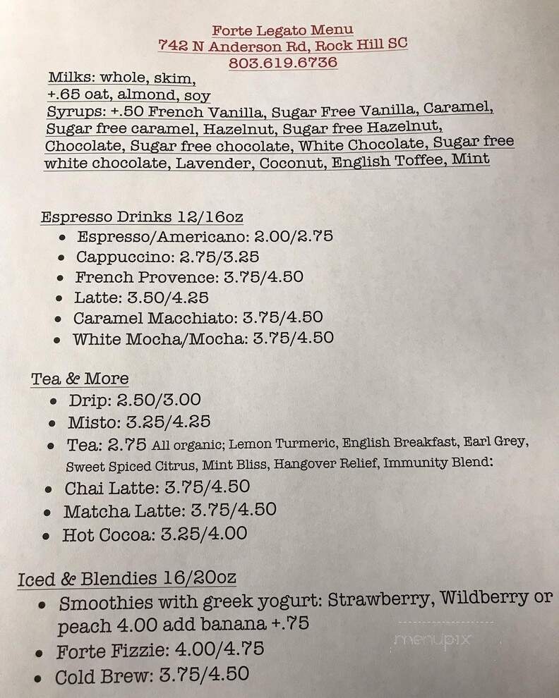 Forte Legato Coffee - Rock Hill, SC menu_pic