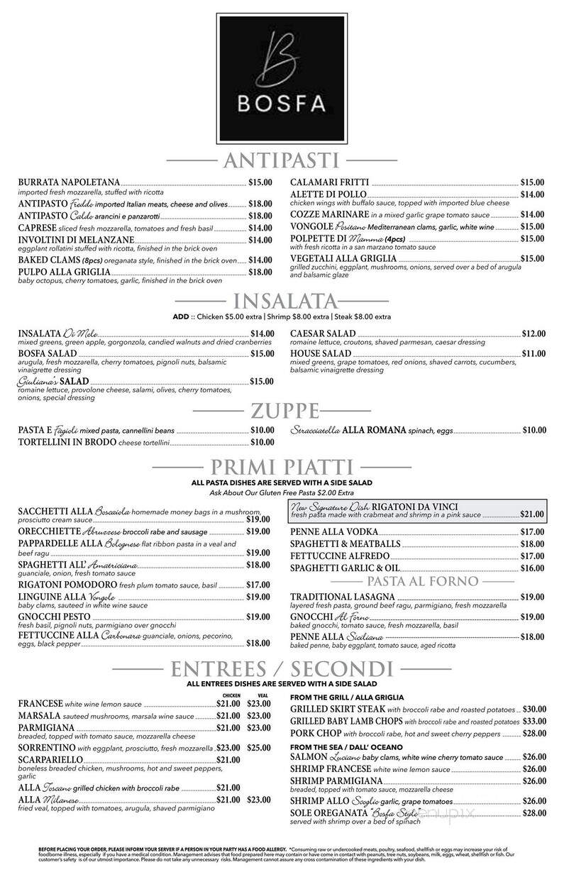 Bosfa Italian Restaurant - Old Tappan, NJ menu_pic