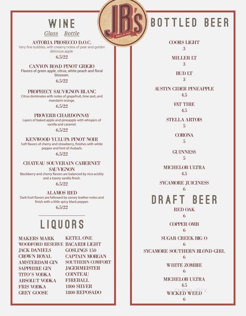 Jackie Boys Grill and Tap - Concord, NC menu_pic