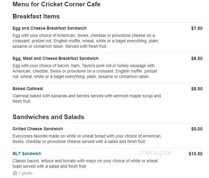 Cricket Corner Cafe - Glenmoore, PA menu_pic