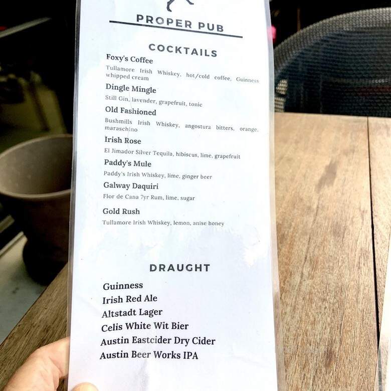 Foxy's Proper Pub - Austin, TX menu_pic