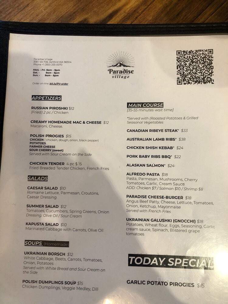 Paradise Village Restaurant - Ashford, WA menu_pic