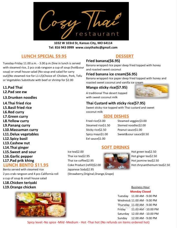 Cozy Thai Restaurant - Kansas City, MO menu_pic