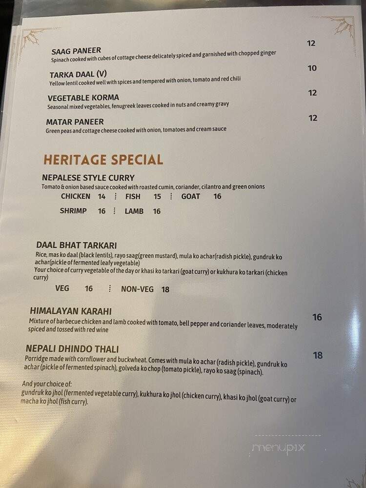 Himalayan Heritage Restaurant - Fredericksburg, VA menu_pic