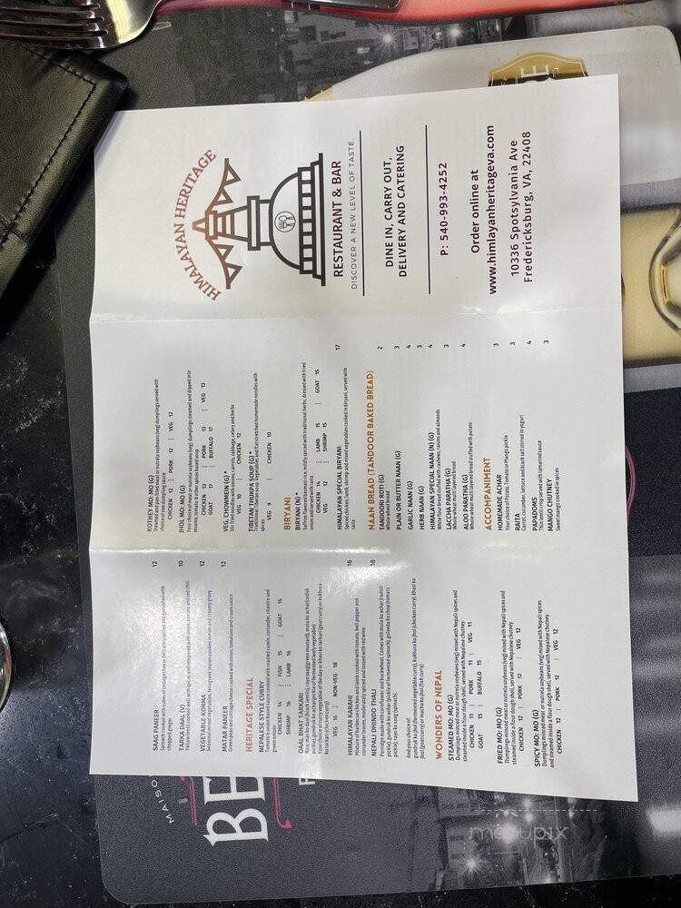 Himalayan Heritage Restaurant - Fredericksburg, VA menu_pic