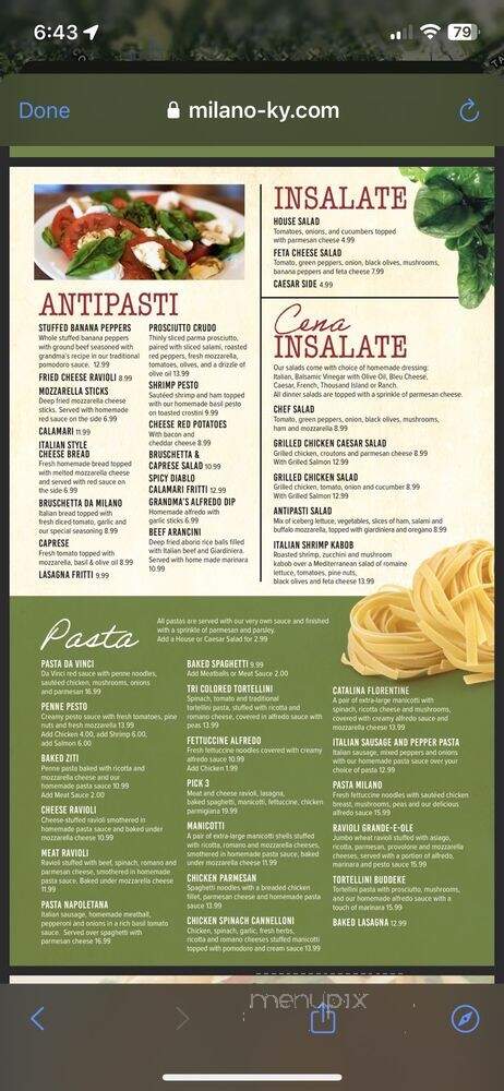 Milano Italian Restaurant - Louisville, KY menu_pic