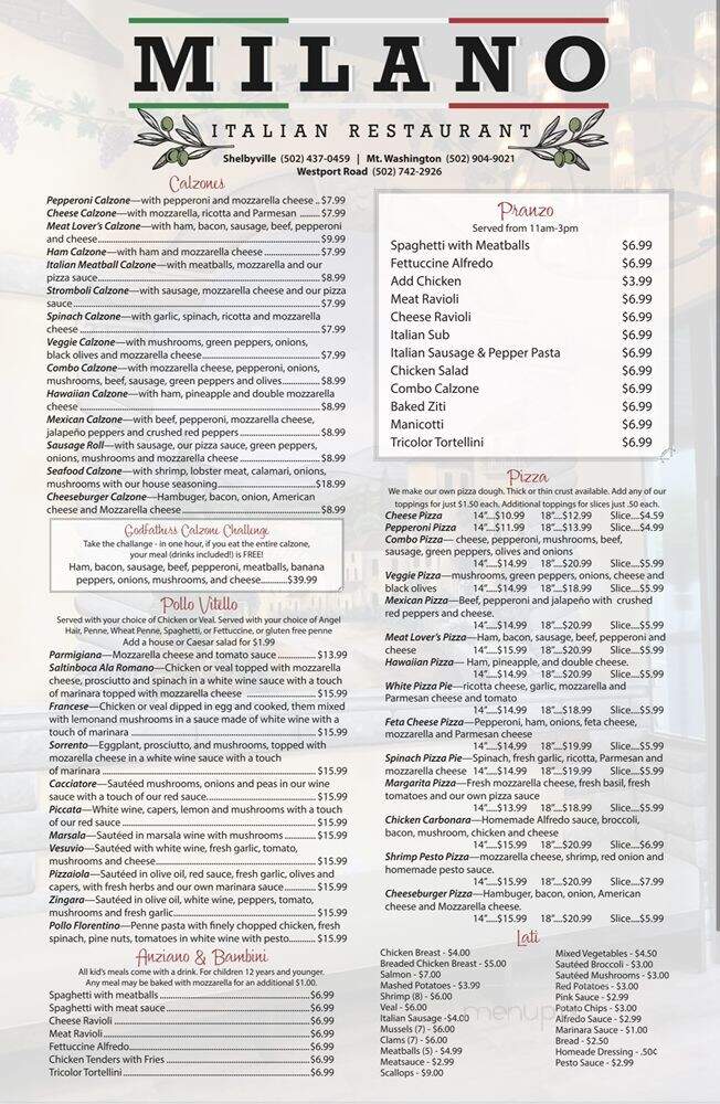 Milano Italian Restaurant - Louisville, KY menu_pic