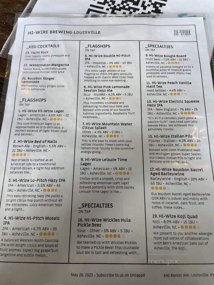 Hi-Wire Brewing - Louisville, KY menu_pic