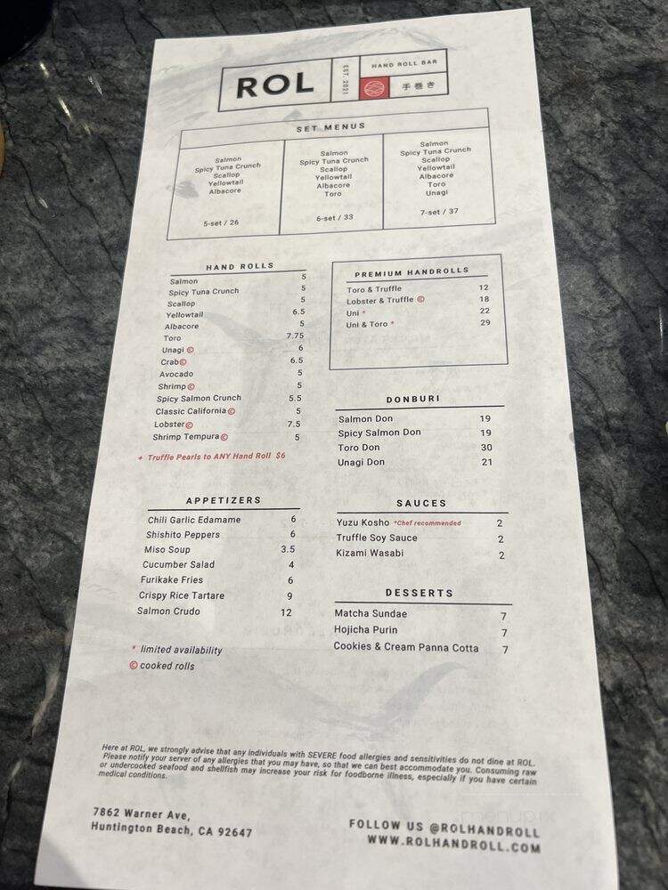 ROL Contemporary Hand Roll Bar - Huntington Beach, CA menu_pic