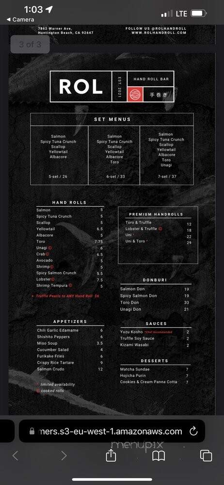 ROL Contemporary Hand Roll Bar - Huntington Beach, CA menu_pic