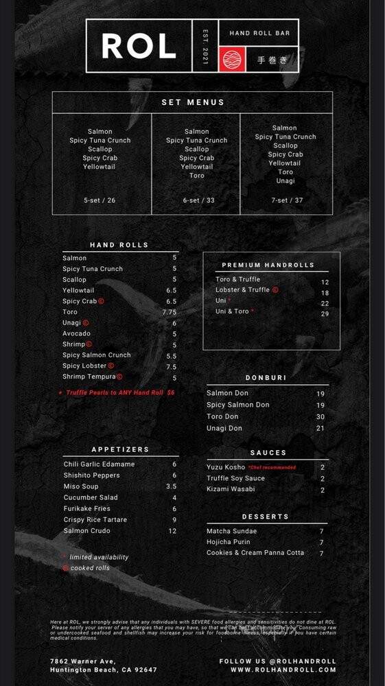 ROL Contemporary Hand Roll Bar - Huntington Beach, CA menu_pic