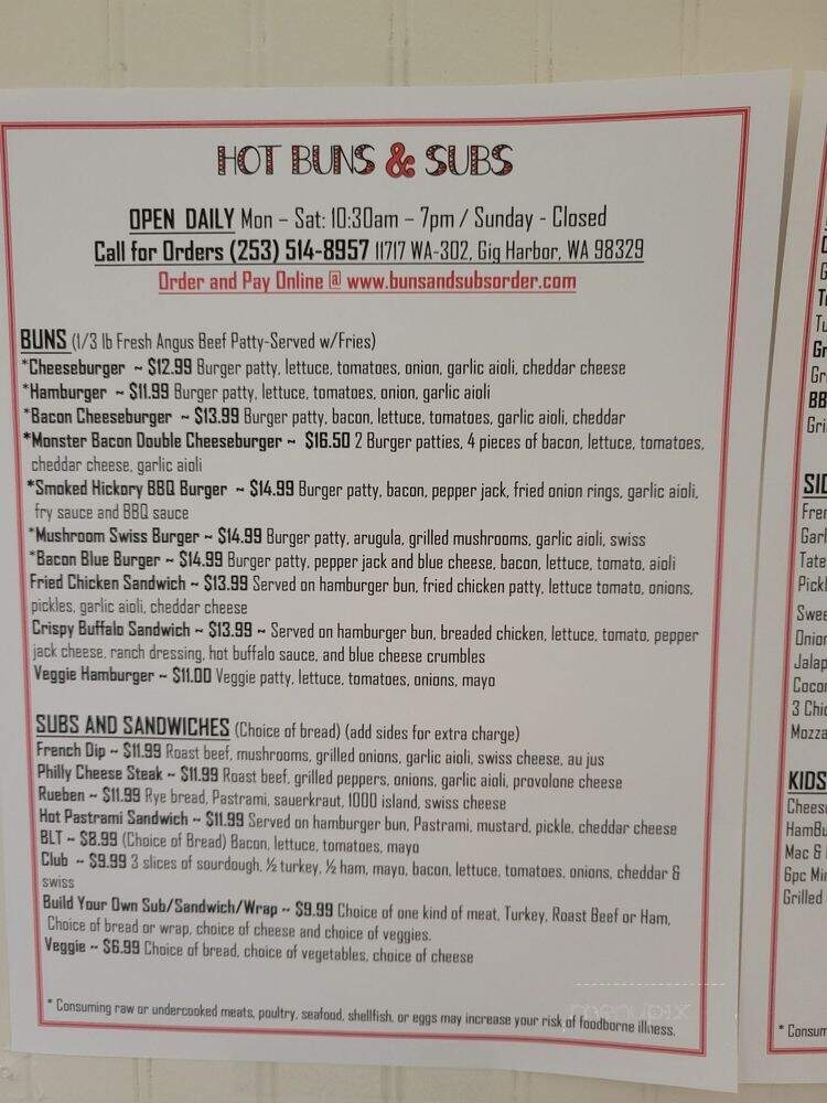 Hot Buns and Subs - Gig Harbor, WA menu_pic