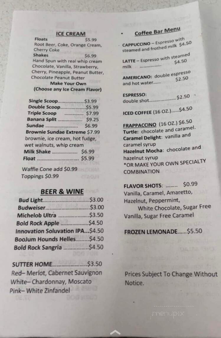 Box Car Cafe & Cones - Bryson City, NC menu_pic