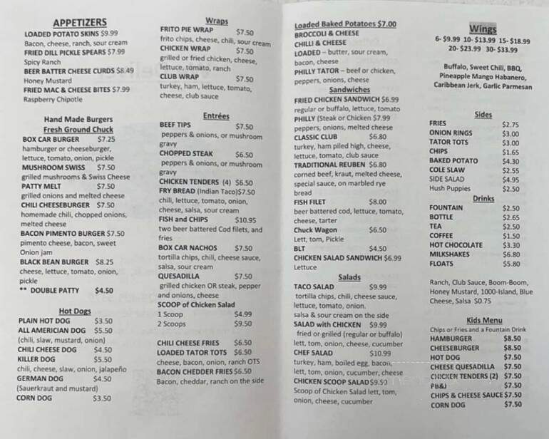 Box Car Cafe & Cones - Bryson City, NC menu_pic