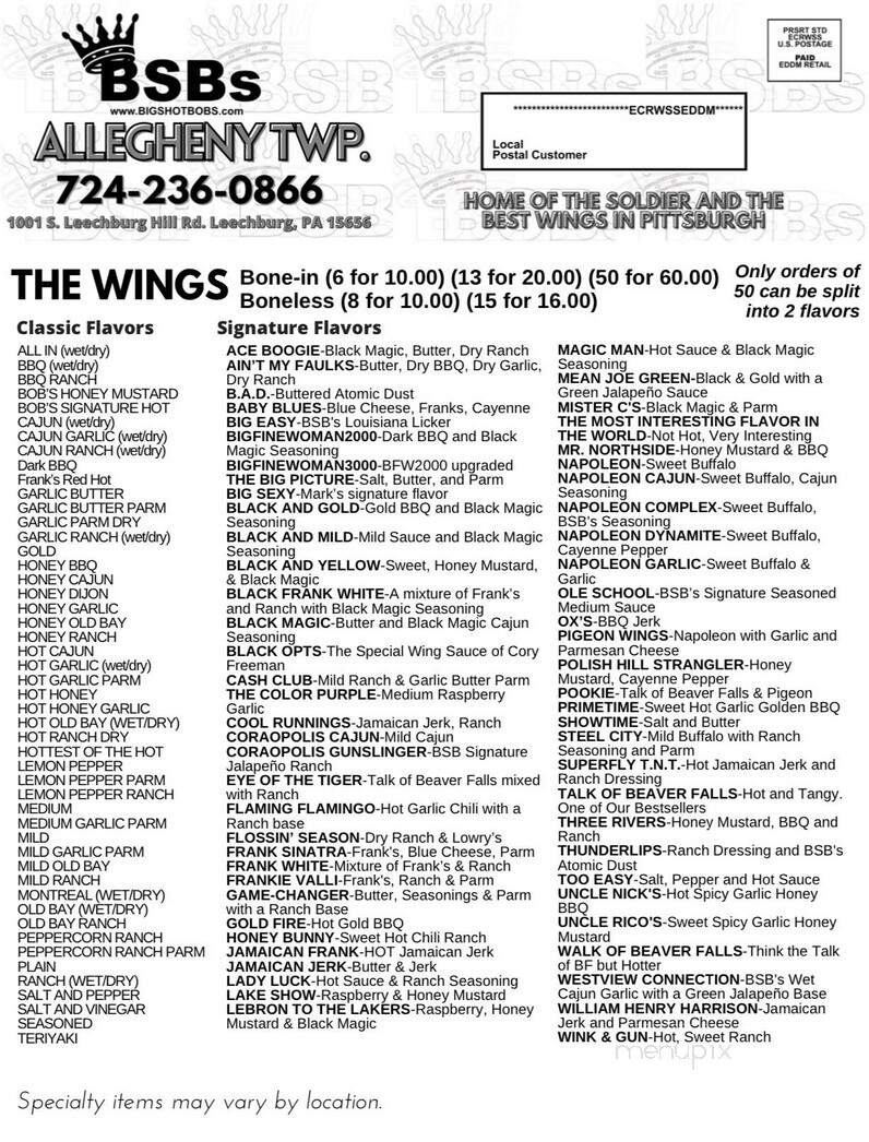 Big Shot Bob's House of Wings - Leechburg, PA menu_pic