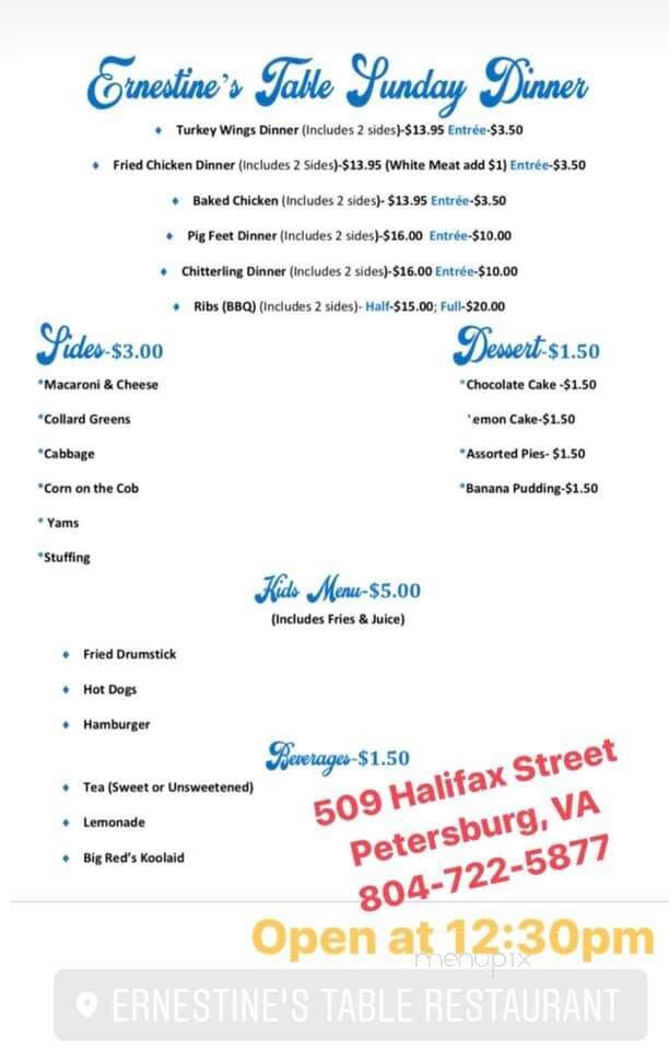 Ernestine's Table Restaurant - Petersburg, VA menu_pic
