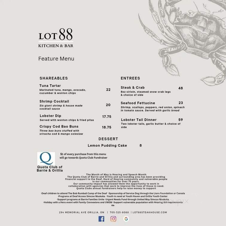 Lot 88 Steakhouse + Bar - Orillia, ON menu_pic