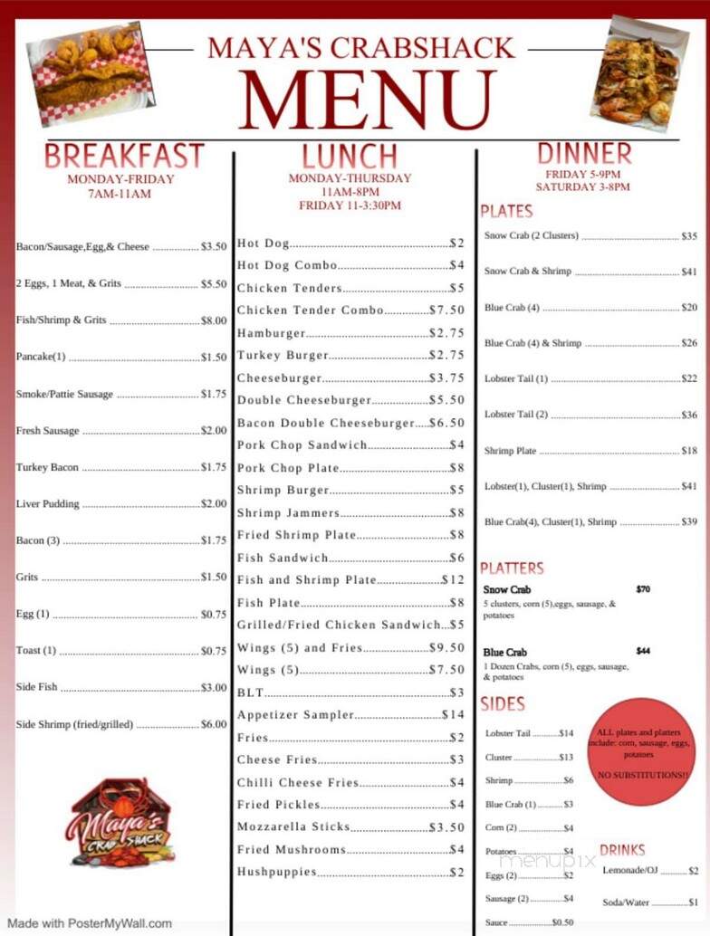 Maya's Crab Shack - Riegelwood, NC menu_pic