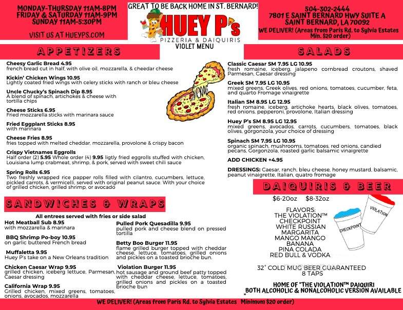 Huey P's Pizzeria & Daiquiris - Violet, LA menu_pic