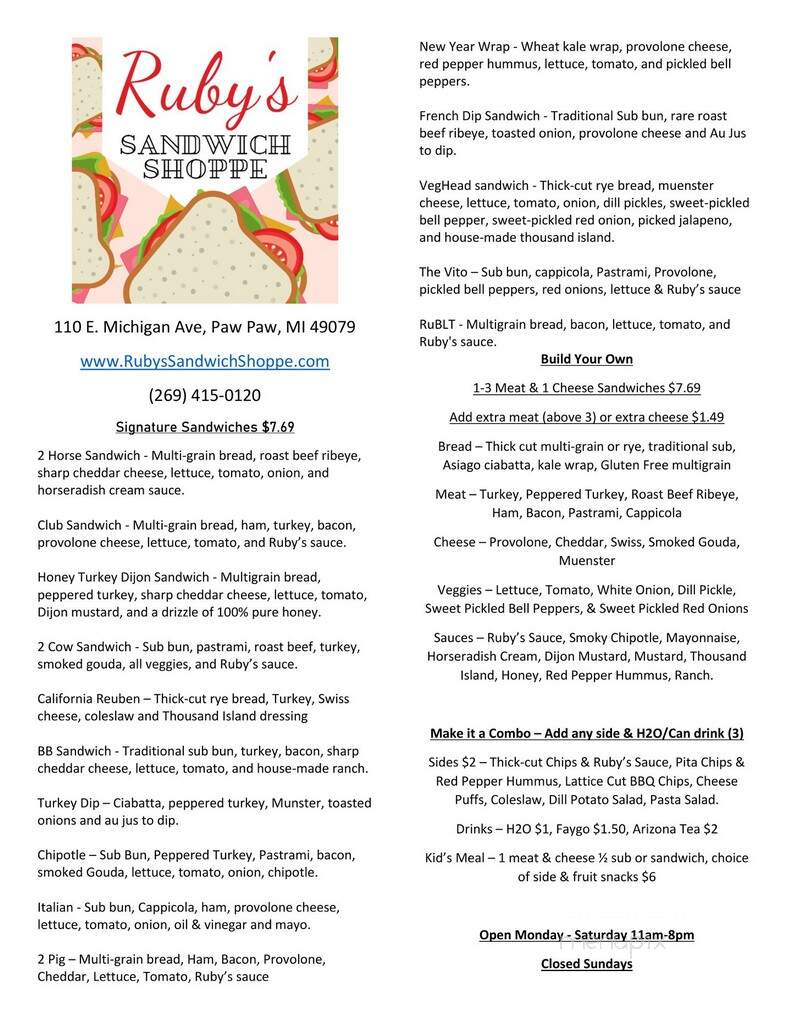 Ruby's Sandwich Shoppe - Paw Paw, MI menu_pic