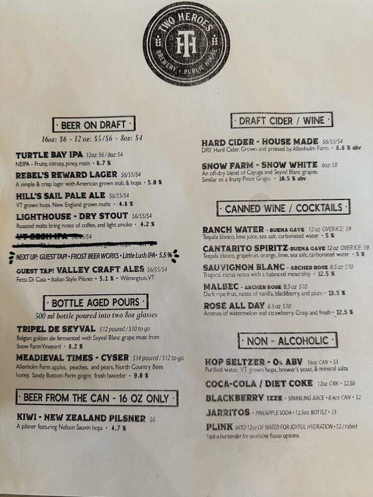 Two Heroes Brewing - South Hero, VT menu_pic