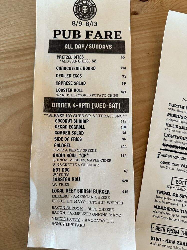 Two Heroes Brewing - South Hero, VT menu_pic