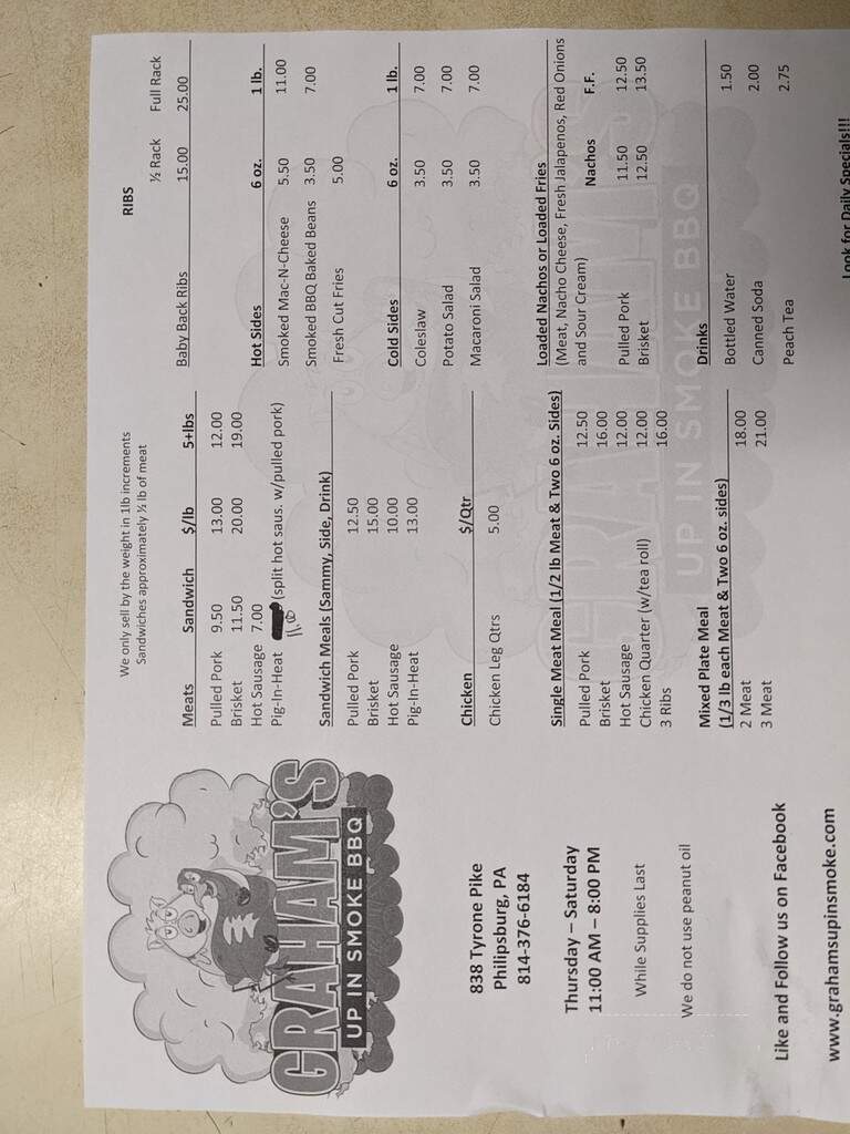 Graham's Up In Smoke BBQ - Philipsburg, PA menu_pic