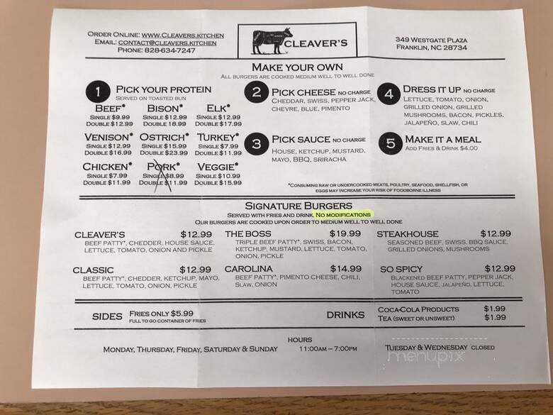 Cleaver's - Franklin, NC menu_pic