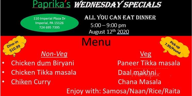 Paprika's - Imperial, PA menu_pic