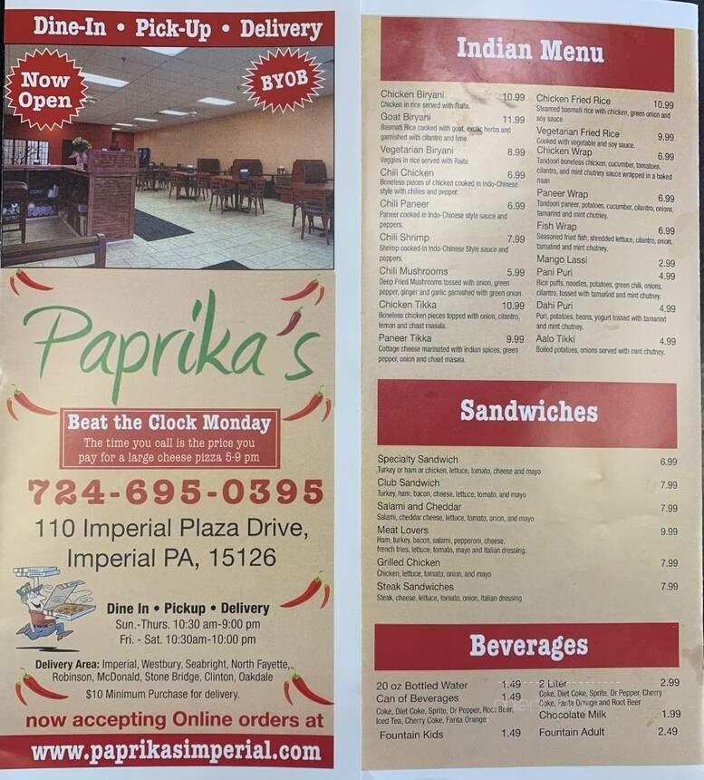 Paprika's - Imperial, PA menu_pic