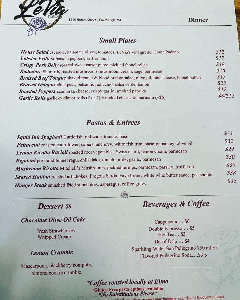 LeVia Trattoria - Pittsburgh, PA menu_pic