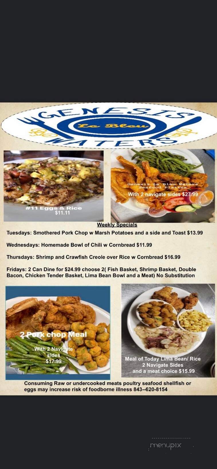 Genesis Le Bleu Waters Restaurant - Ravenel, SC menu_pic