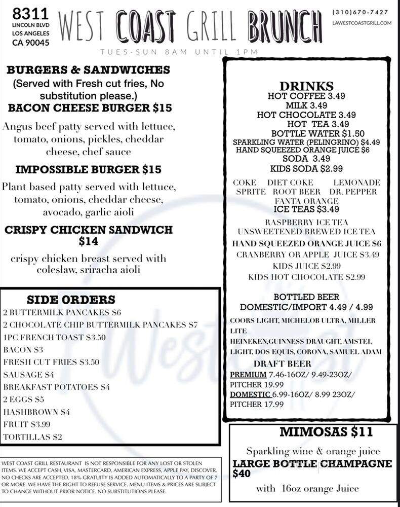 West Coast Grill - Los Angeles, CA menu_pic