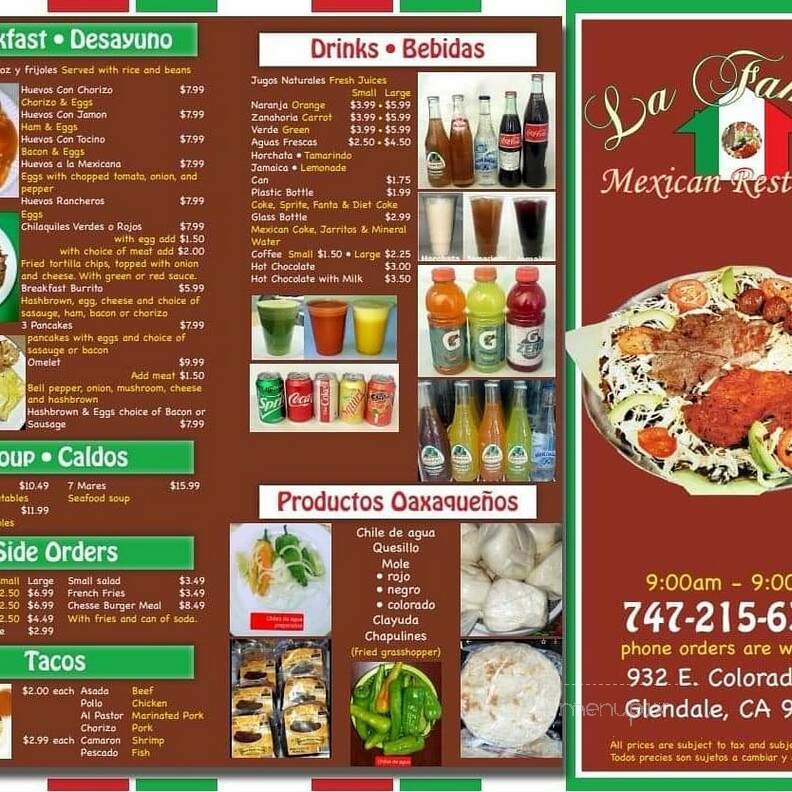 La Familia Mexican Restaurant - Glendale, CA menu_pic