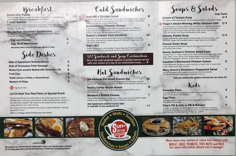Sundrop Shoppe and Luncheonette - Tullahoma, TN menu_pic