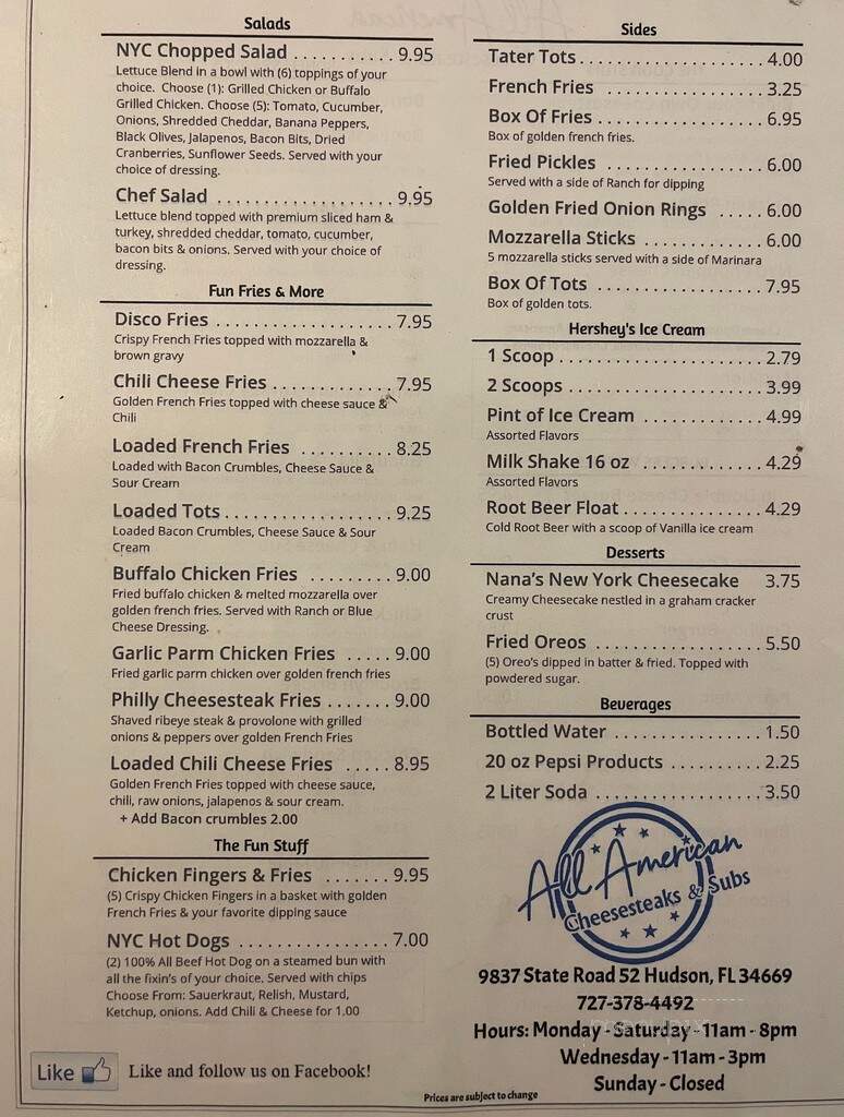 All American Cheesesteaks and Subs - Hudson, FL menu_pic
