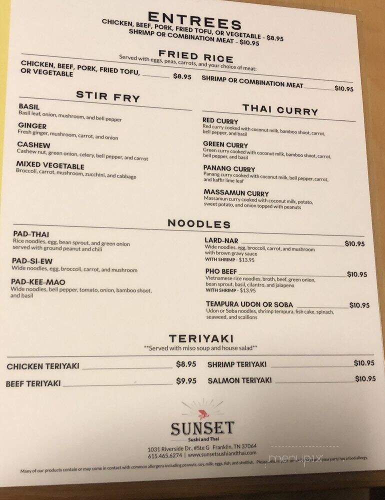 Sunset Sushi and Thai - Franklin, TN menu_pic