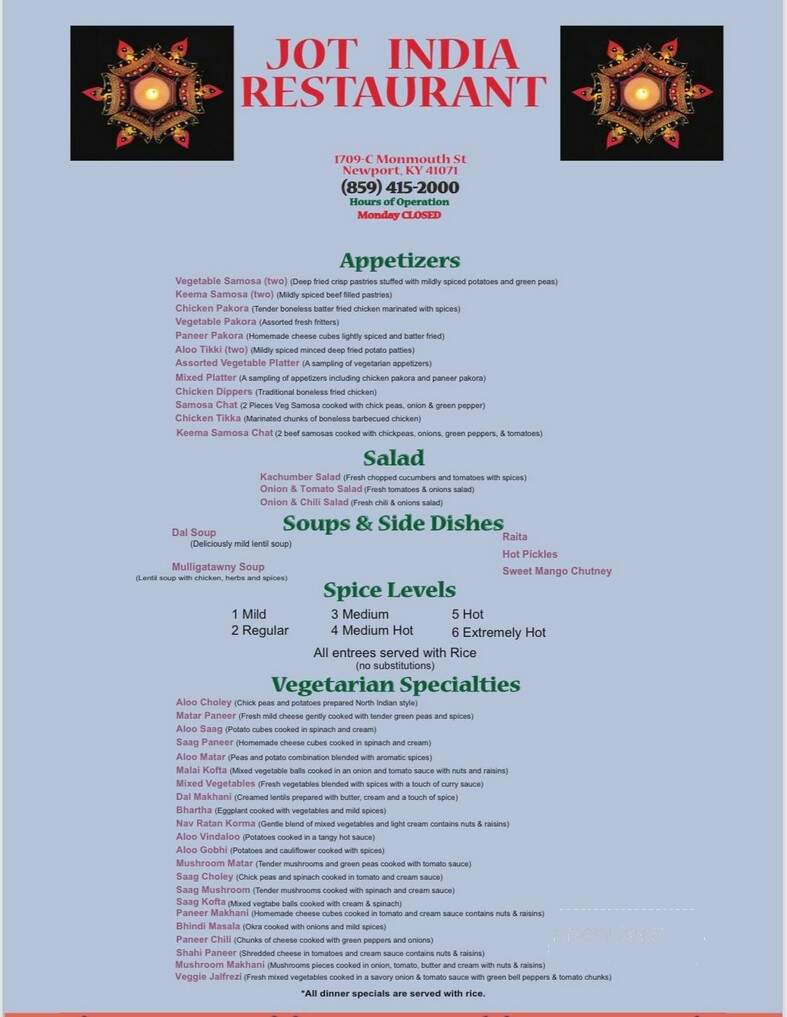 Jot India Restaurant - Newport, KY menu_pic