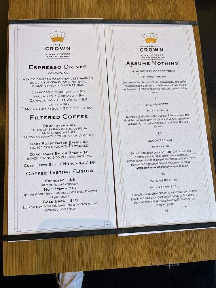 The Crown: Royal Coffee Lab & Tasting Room - Oakland, CA menu_pic