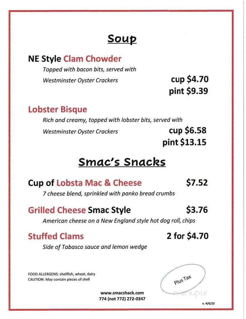 Smac's Shack - Hobe Sound, FL menu_pic