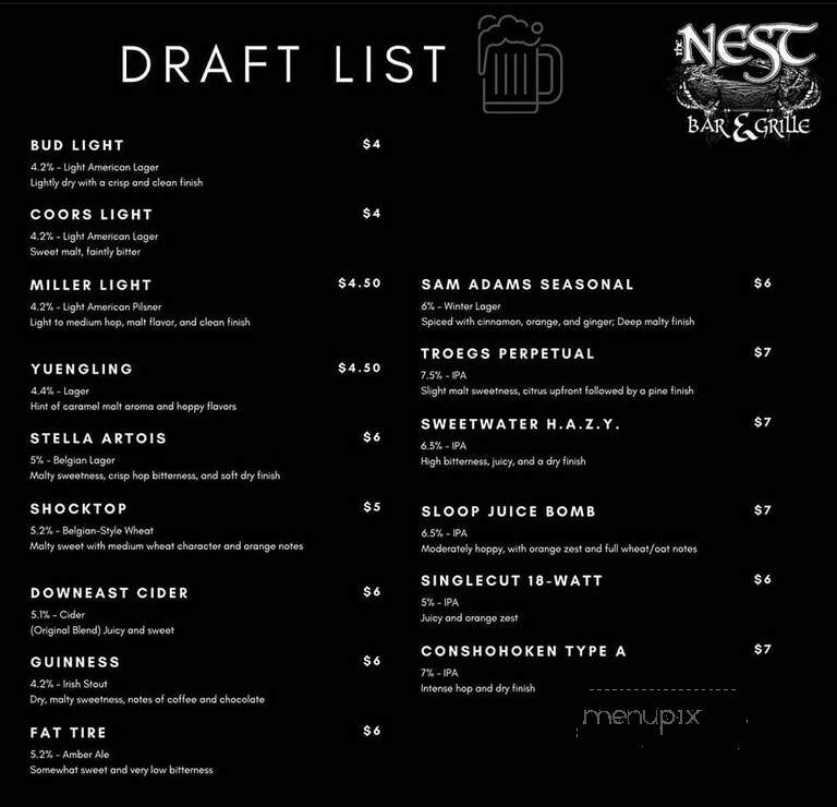 The Nest Bar and Grille - Bethlehem, PA menu_pic
