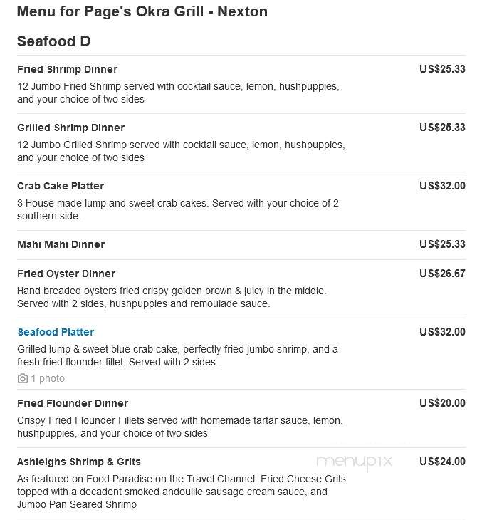 Page's Okra Grill - Summerville, SC menu_pic