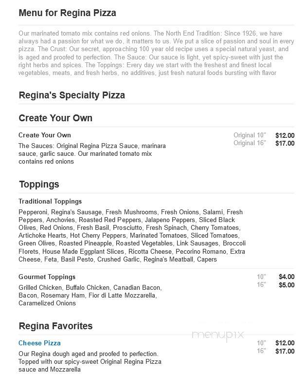 Regina Pizza - Beverly, MA menu_pic
